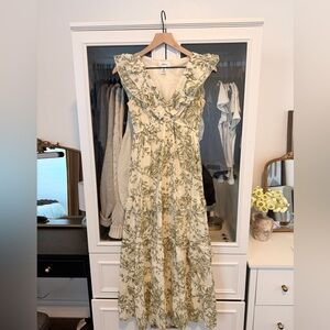 Green and Cream Leaf Print Maxi Dress